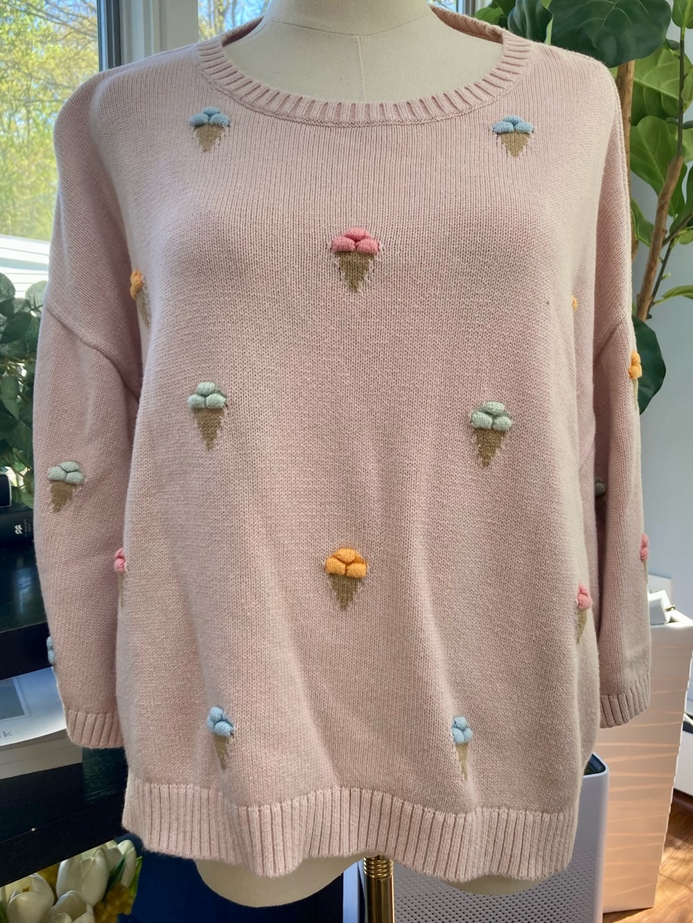 LOFT Pastel Pink Crewneck Sweater with Ice Cream Embroidery Size L